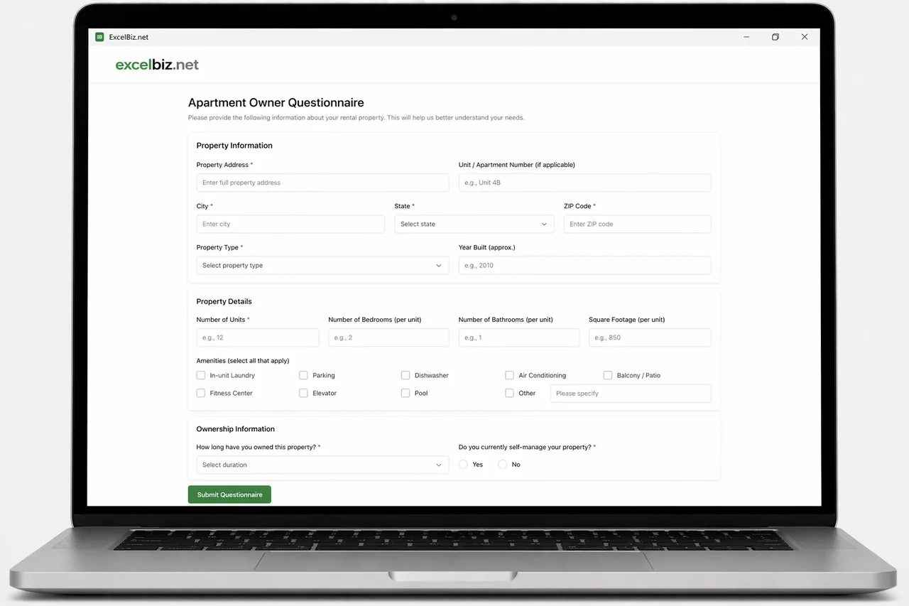 Apartment owner questionnaire form preview for Local Data Works landlord software